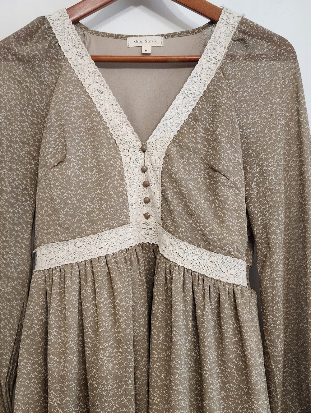 Shop Stevie Medium Taupe Floral Lace Trim Tiered Maxi Dress - Picture 3 of 12